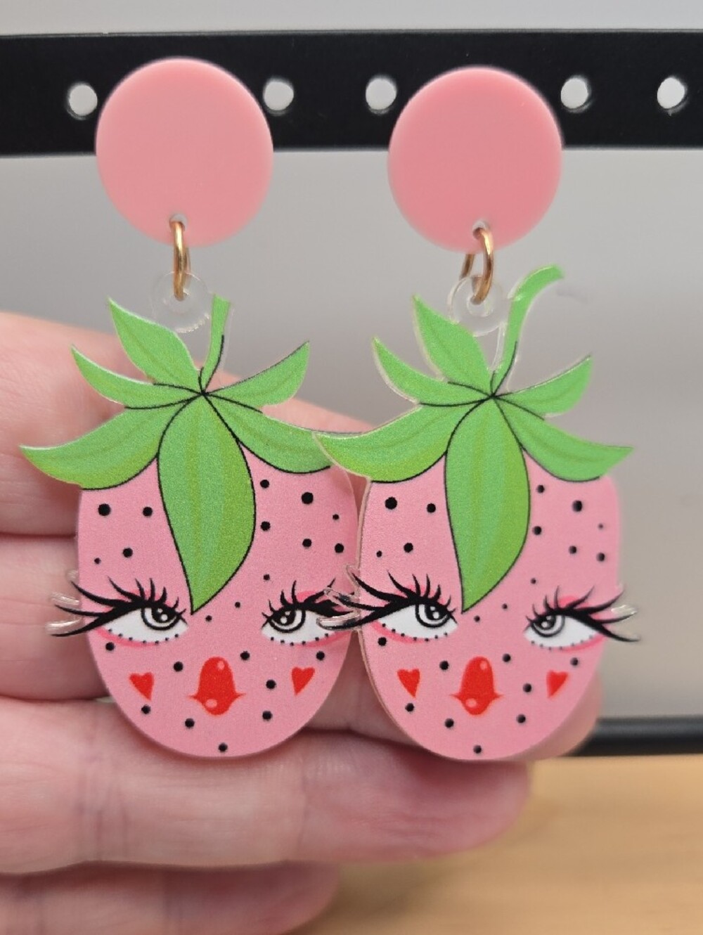Cute Pink Strawberry Face Drop Earrings - Picture 3 of 5